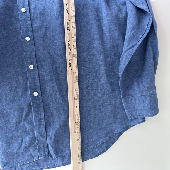 Thomas Pink Shirt Mens 17 1/2 Blue Linen Dress Button Up Long Sleeve 44 1/2 - Picture 10 of 10